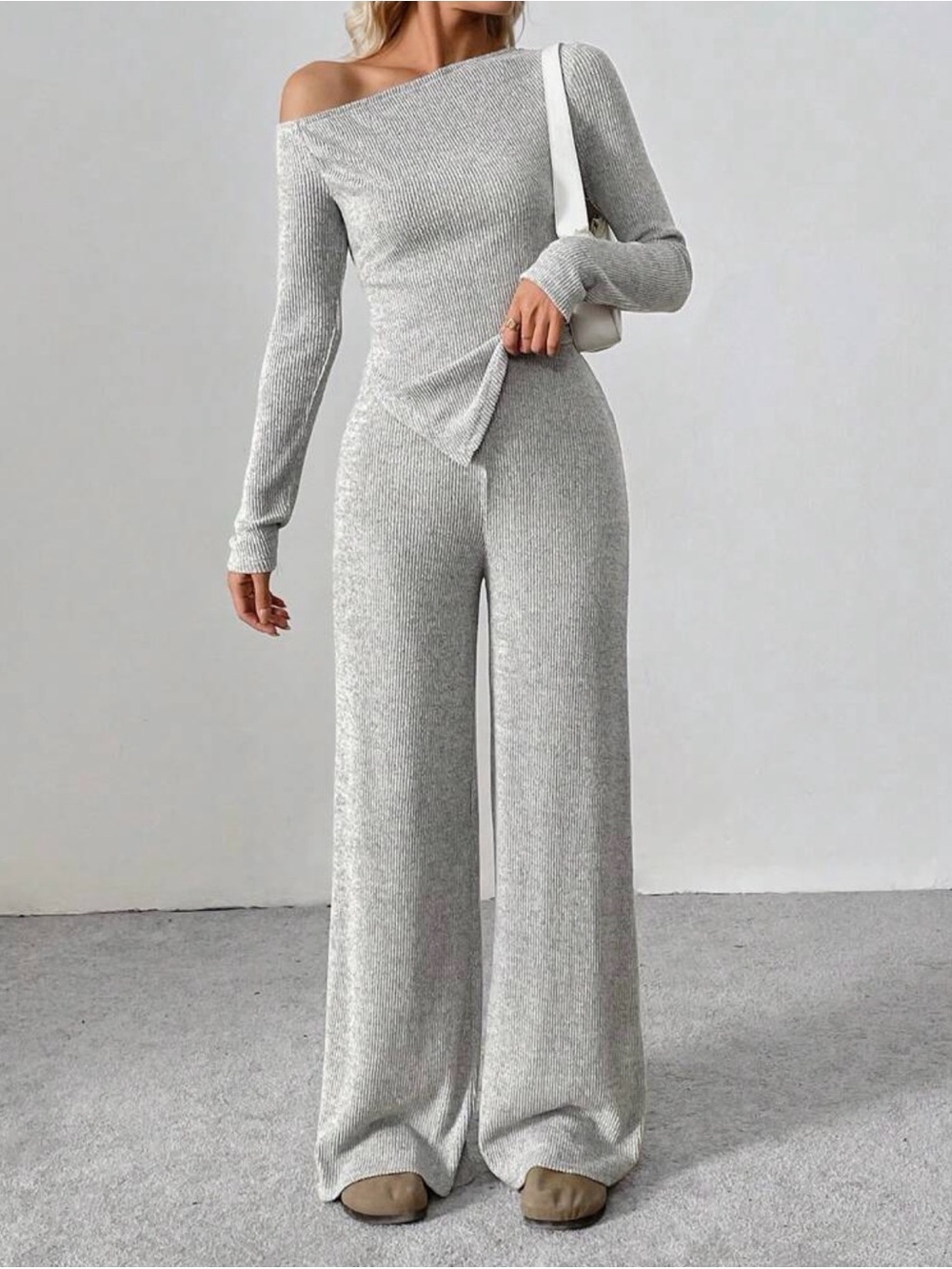 SHEIN Tall Gray Off Shoulder Top & Wide Leg Pants Set – Tall Large NWOT